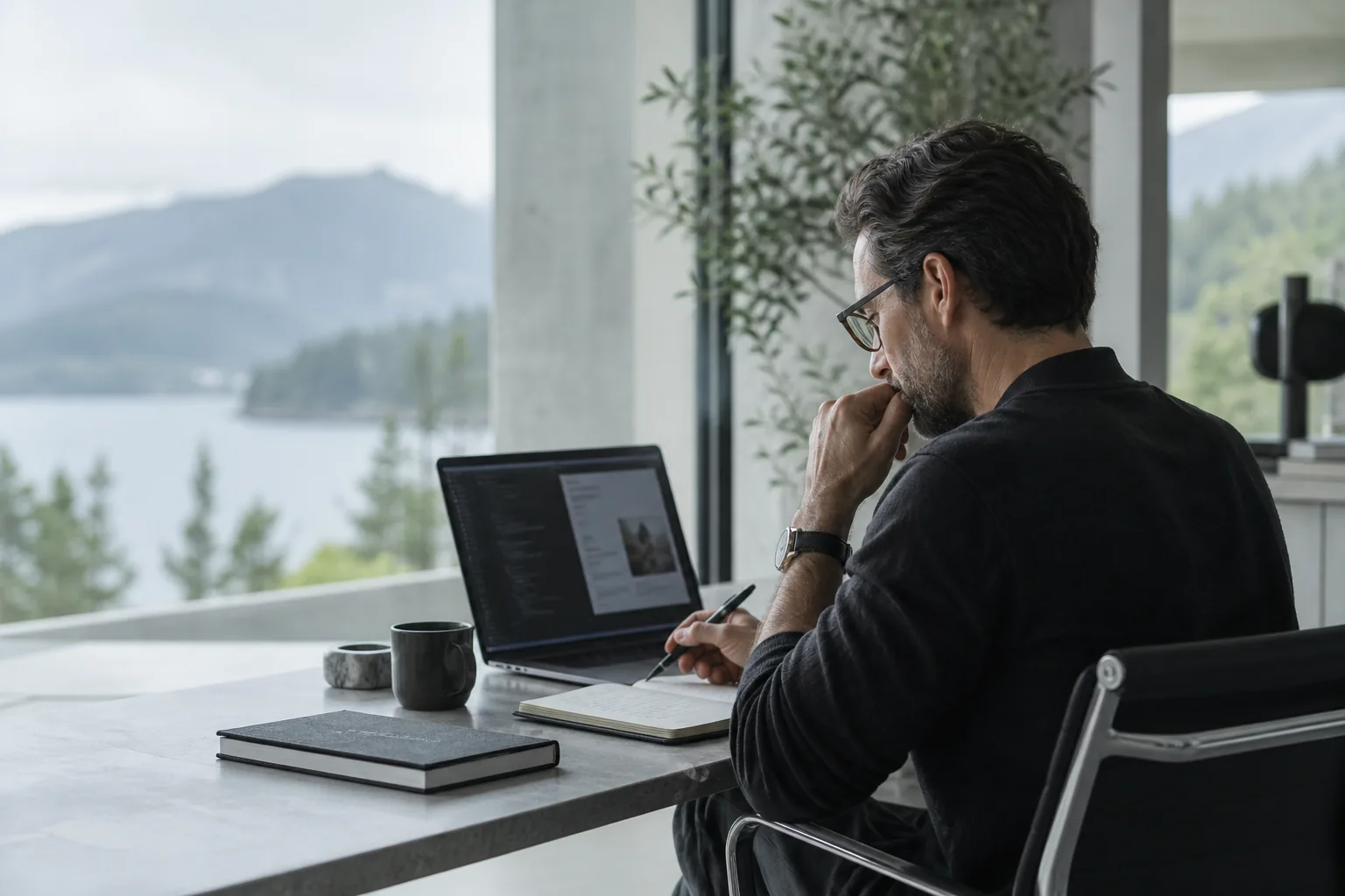 Illustration: Senior engineer reviewing a web product at a studio desk